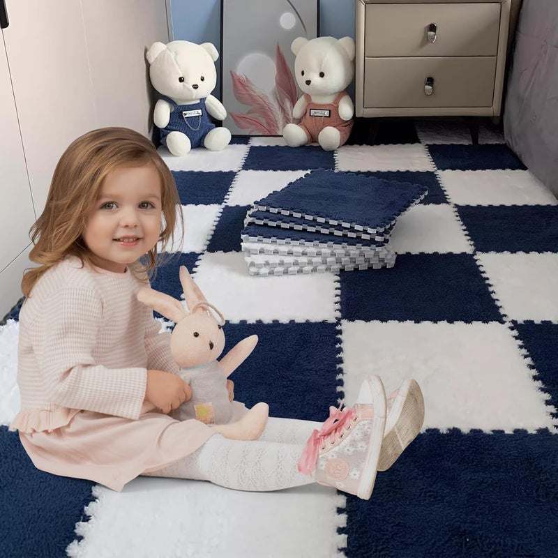 JADERLU 16pcs 0.6" Thickened Interlocking Tile Mats,Fluffy Shaggy Soft EVA Foam Area Rug for Living Room&Bedroom,Non-Slip Protective Floor Carpet Play Mat Kids Baby Dorm Home Decor 11.8ft (Navy Blue) - Image 5